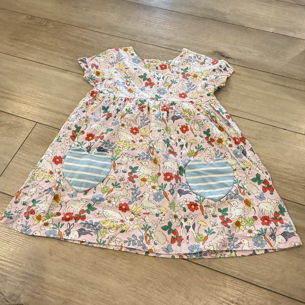 Mini Boden Shirt Dress Size 8-9 Bunny Easter Pink Summer Hearts Pockets Floral